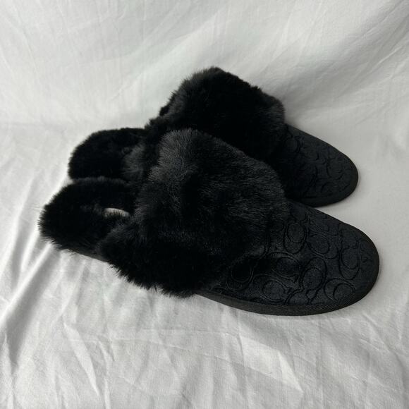 COACH Zuri Faux Fur Slippers Glam Signature CC Logo Black Velvet Women 7B - Picture 1 of 6